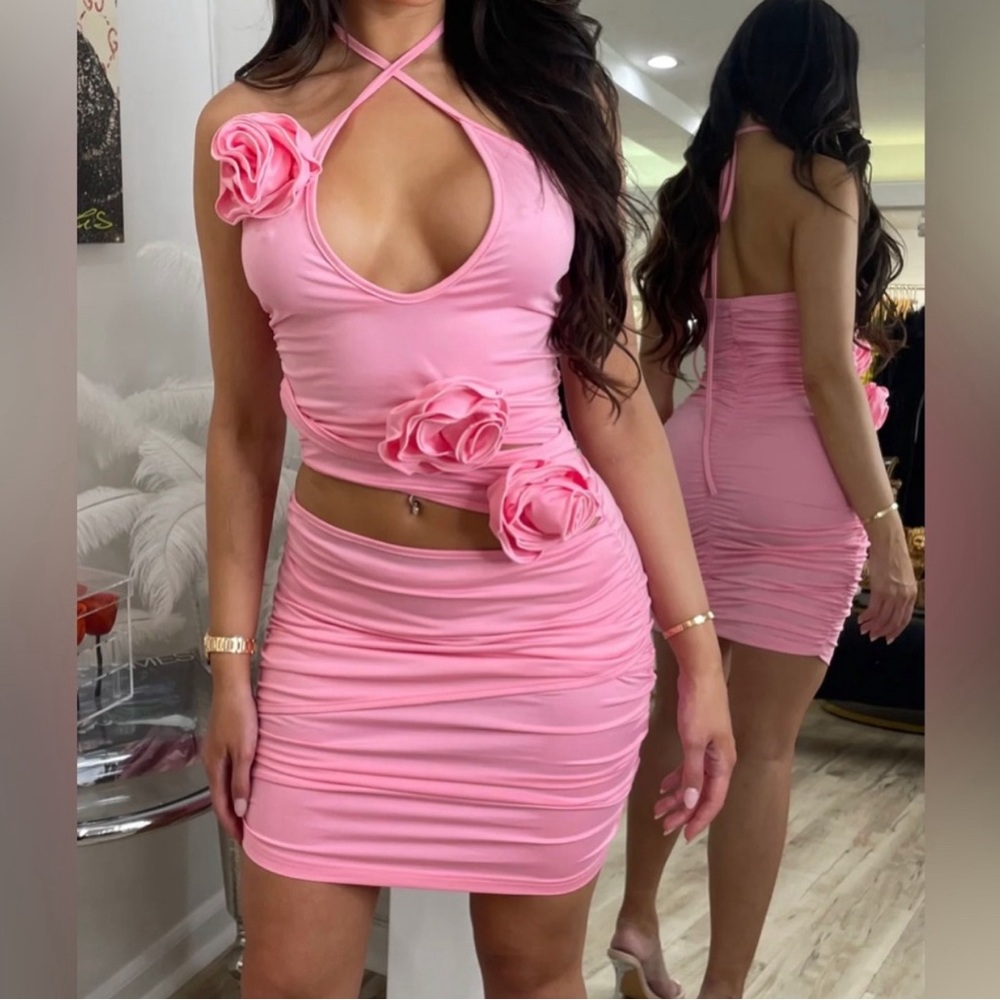 Jessica Bara Calista Ruched Rose Mini Dress